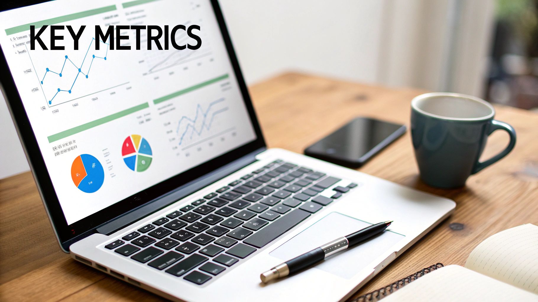 Laptop displaying key metrics, charts, and graphs on a wooden desk with a phone and coffee.