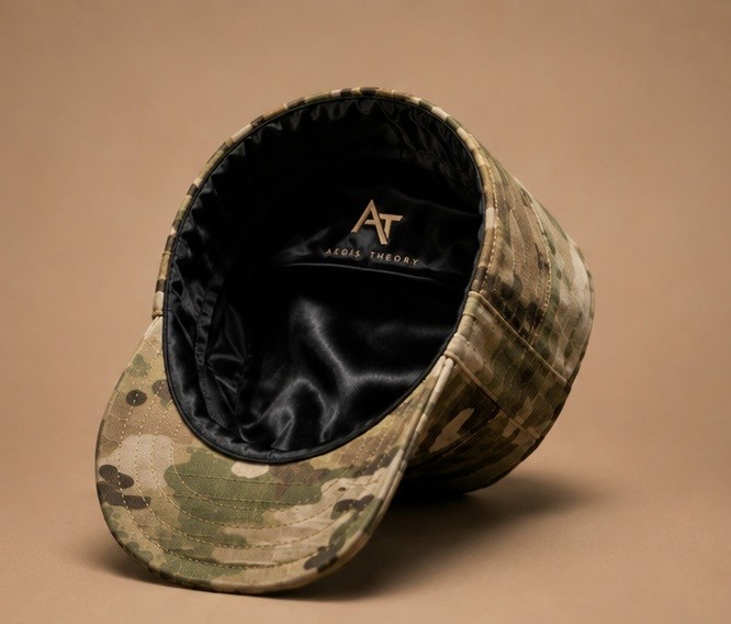 Silk-lined Aegis Theory cap detail on a warm studio background