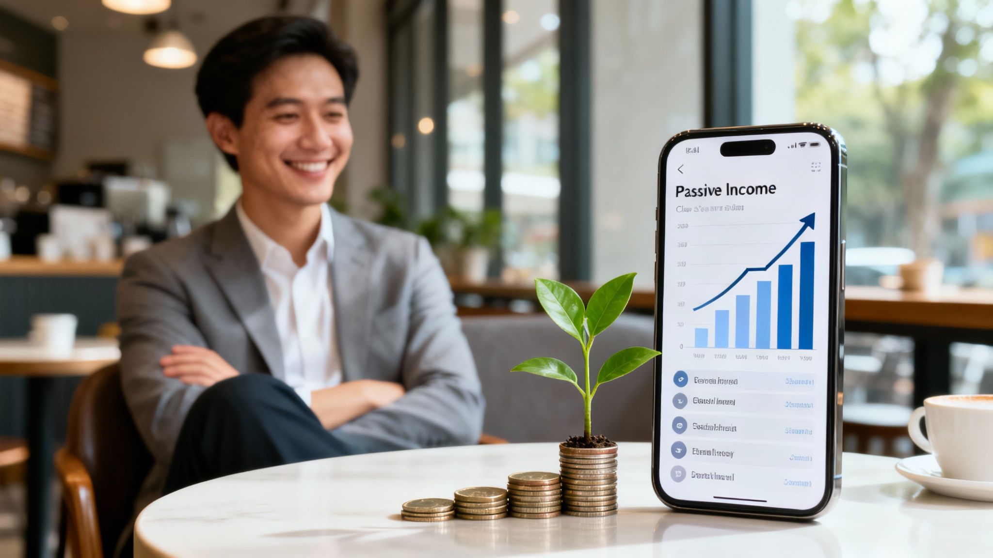 A smiling man sits behind a table with a phone showing a passive income graph and a plant growing from coins.