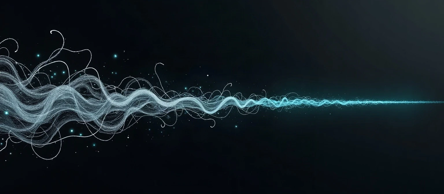An ink illustration of a tangle of loose dim grey threads resolving into one taut, precise, glowing teal-cyan line, representing how real personalization stays sharp and singular even as cold outreach scales in volume.