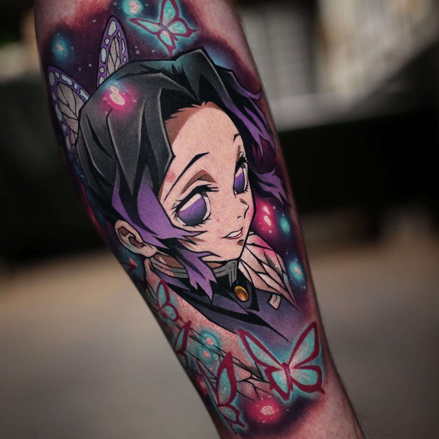 colorful and detailed anime tattoo of shinobu kocho from demon slayer the anime