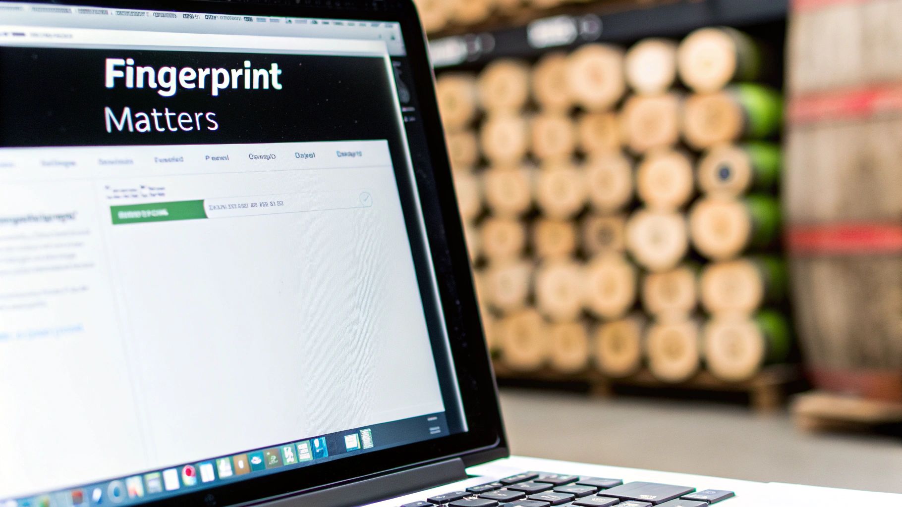 Laptop displaying 'Fingerprint Matters' website and code, with blurred barrels in a warehouse background.