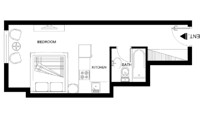 Compact and efficient studio apartment floor plan design in the heart of Dubai Marina.