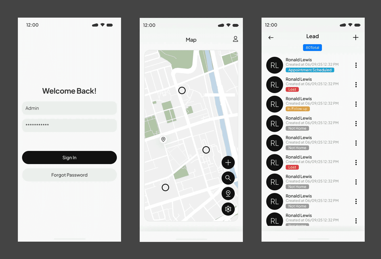 Mobile view of the LogIn, Lead list, and map