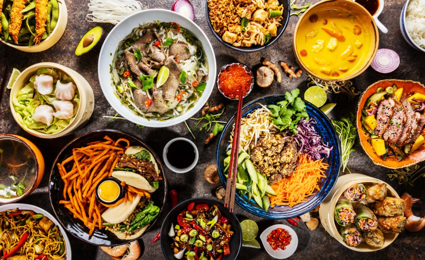Overhead view of Thai dishes.