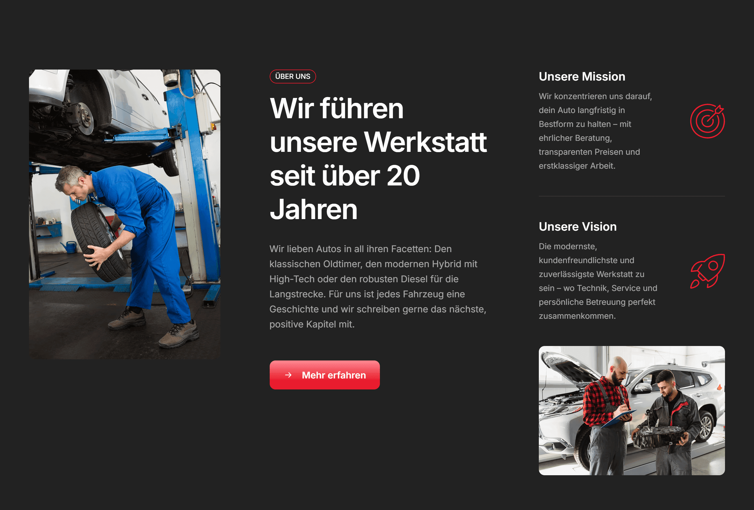 eine Sektion einer Website einer Autowerkstatt