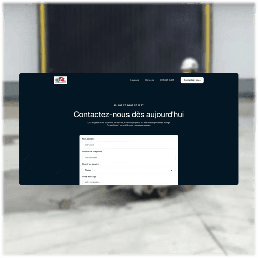 Formulaire de soumission en ligne du site Sciage & Forage Robert pour demander un devis de sciage ou forage de béton.