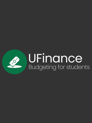  a logo for "UFinance," featuring a green circular icon with a dollar bill symbol and the text "UFinance" in white, followed by the tagline "Budgeting for students" in smaller, light-gray text. 