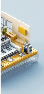 A minimalistic and modern illustration of an interior scene, showcasing the design process for home appliances, with yellow color accents. The focus is on a floating wooden platform in light blue water that houses various small white appliances like a microwave, refrigerator, coffee machine, etc., creating a clean composition with a sense of space and emphasizing clarity over detail