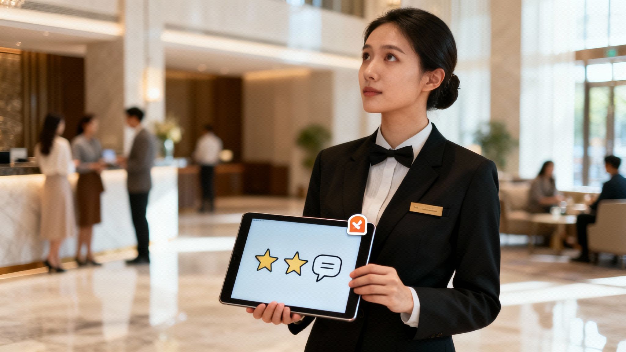 A hotel staff member holds a tablet displaying customer feedback: two stars and a chat bubble.