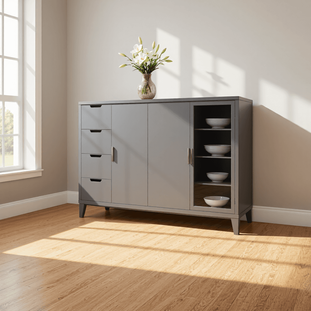 product photography of a modern storage cabinet with drawers and doors, suitable for home or office use