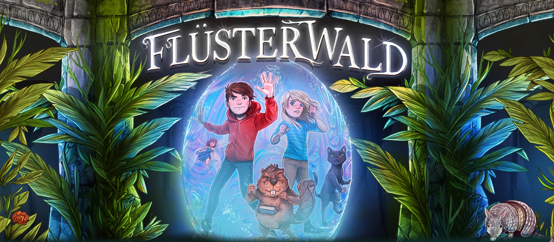 Flüsterwald – Banner mit Lukas, Ella und ihren Freunden