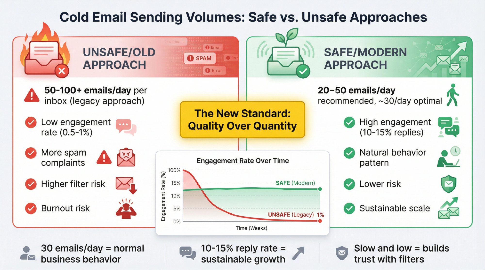Comparison chart of safe vs unsafe cold email daily volumes per inbox, showing 20-50 emails as optimal with engagement rates