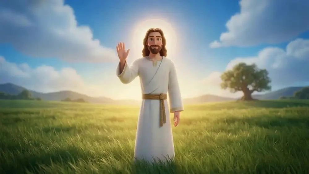 Scene 28: Jesus waving in a wide meadow with a tree on the horizon