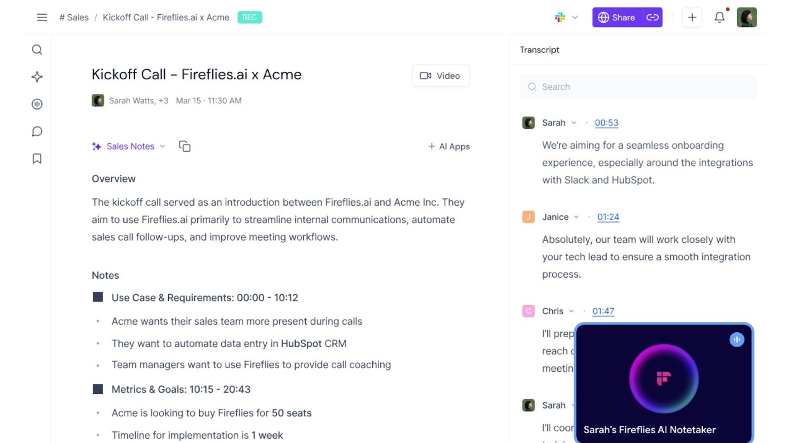 Fireflies.ai's automated meeting analysis and notes
