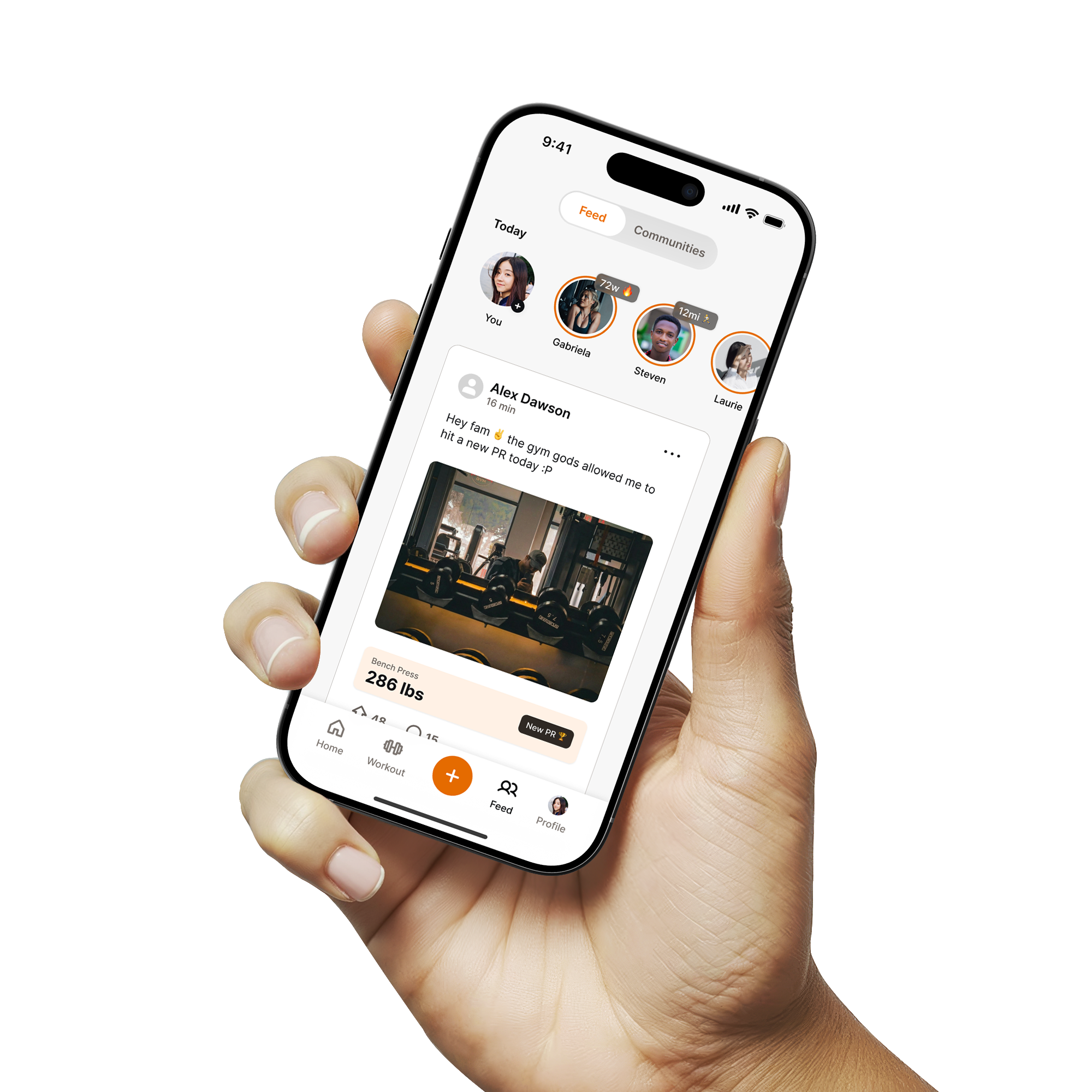 Hand holding phone with Foxfit social feed open