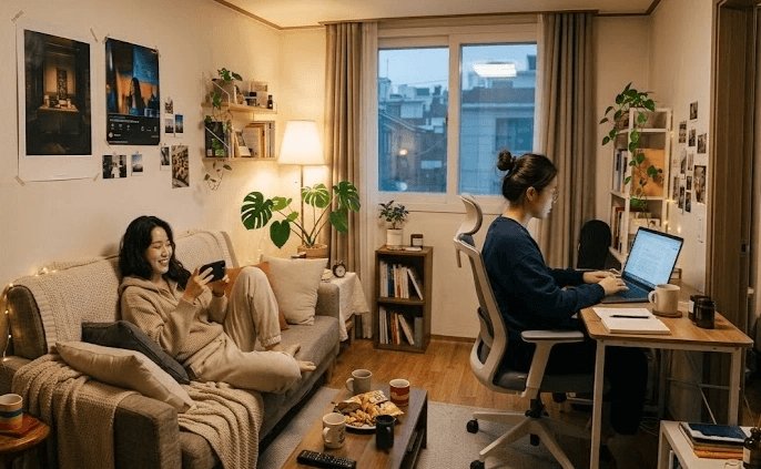 따뜻한 조명이 켜진 아파트 거실에서 한 여성은 소파에 기대어 스마트폰으로 OTT를 보고 있고, 다른 여성은 책상 의자에 앉아 노트북으로 문서를 작성하고 있는 다정한 2인 가구의 저녁 일상 모습입니다.