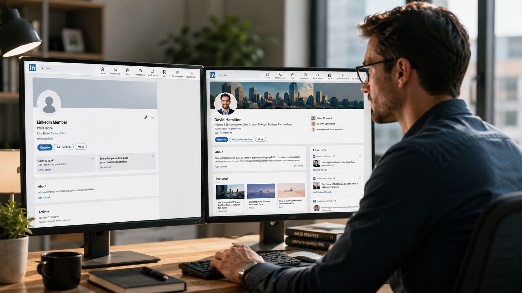A professional man sitting at a desk viewing two LinkedIn profiles on dual computer monitors.