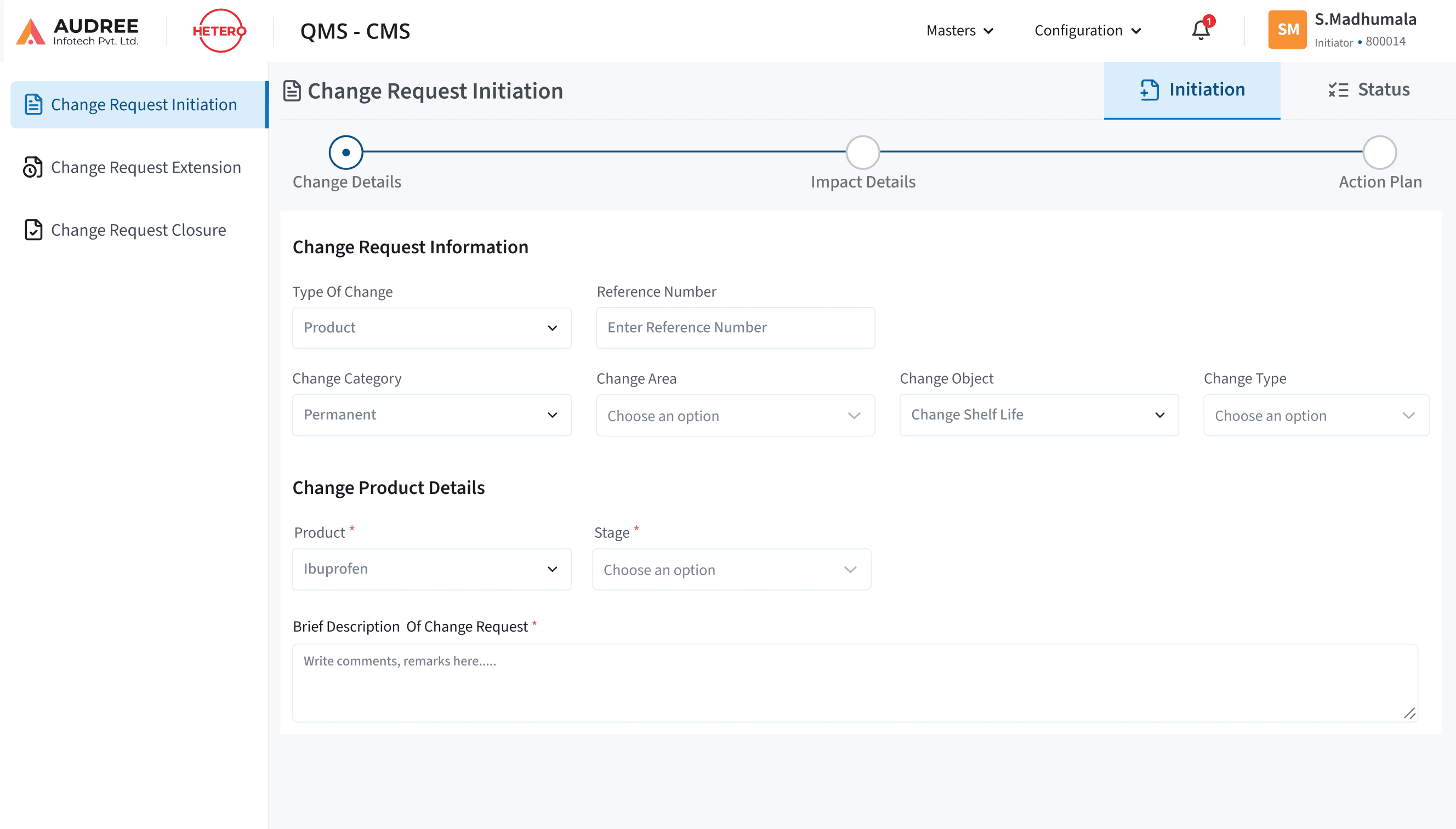 CMS Chnage Request Initiation Screen