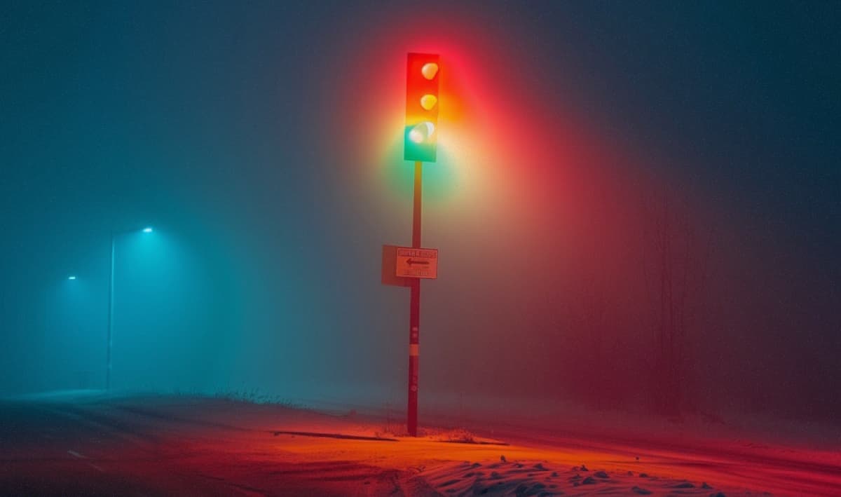 A traffic light shining through a misty night with snow on the ground