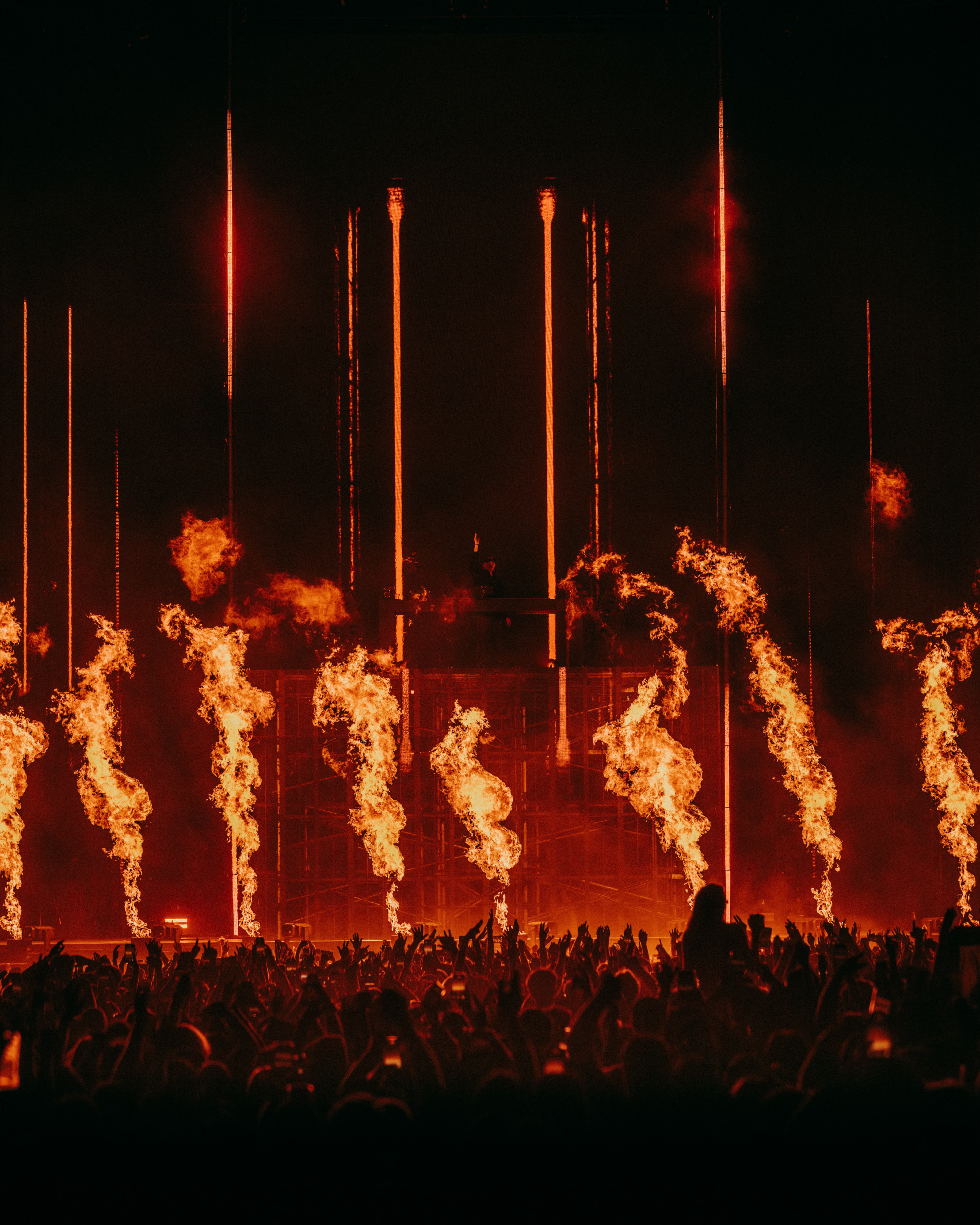 Dom Dolla igniting LA State Historic Park with pyrotechnics and towering stage production, photographed by Brandon Densley of A World Away