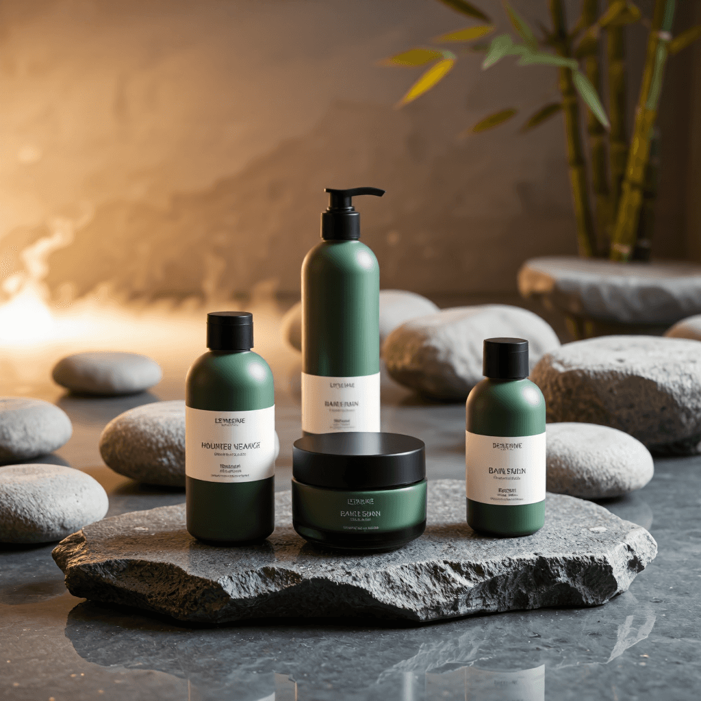 product photography of set of skincare bottles and a cream jar