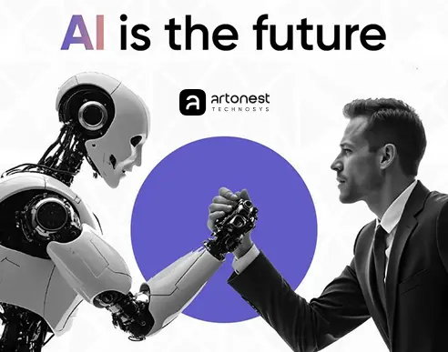 AI and human collaboration representing the future of technology, designed by Artonest for conversational AI assistant and UX innovation.