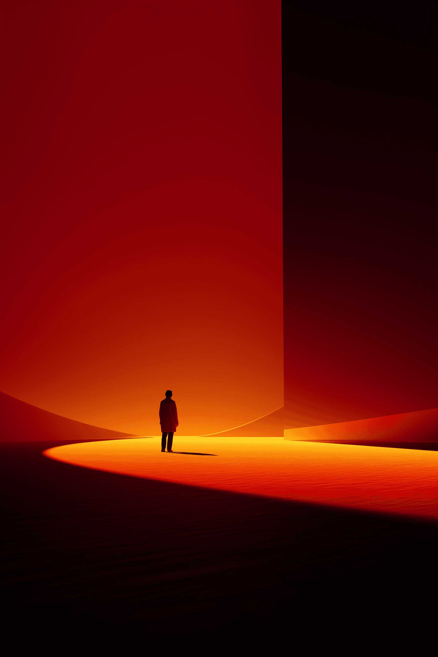Person standing alone on a curved illuminated platform with warm orange light and dark minimal background.