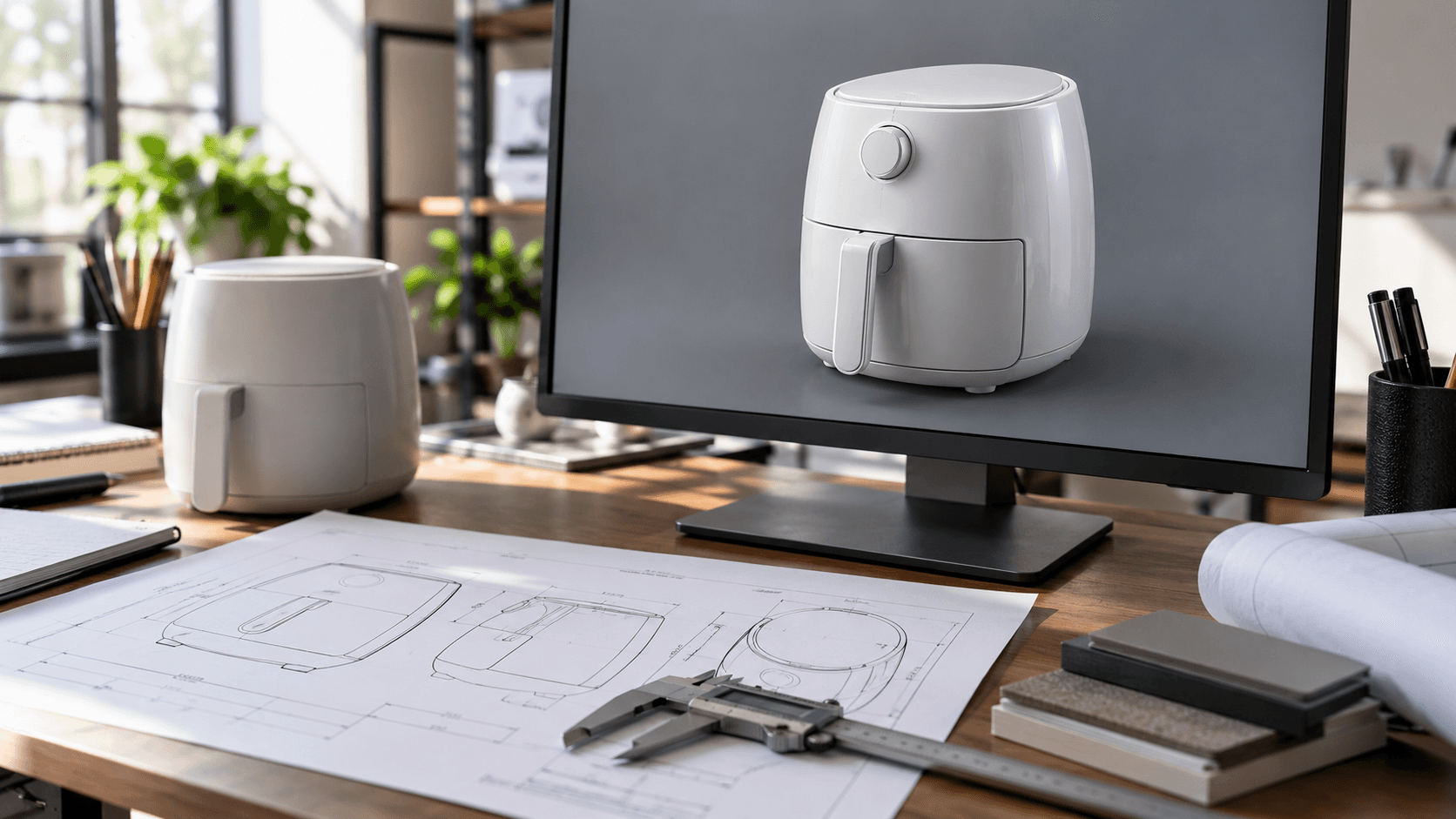 Engineer's desk with a monitor showing a white 3D model of a kitchen appliance beside a technical drawing and calipers