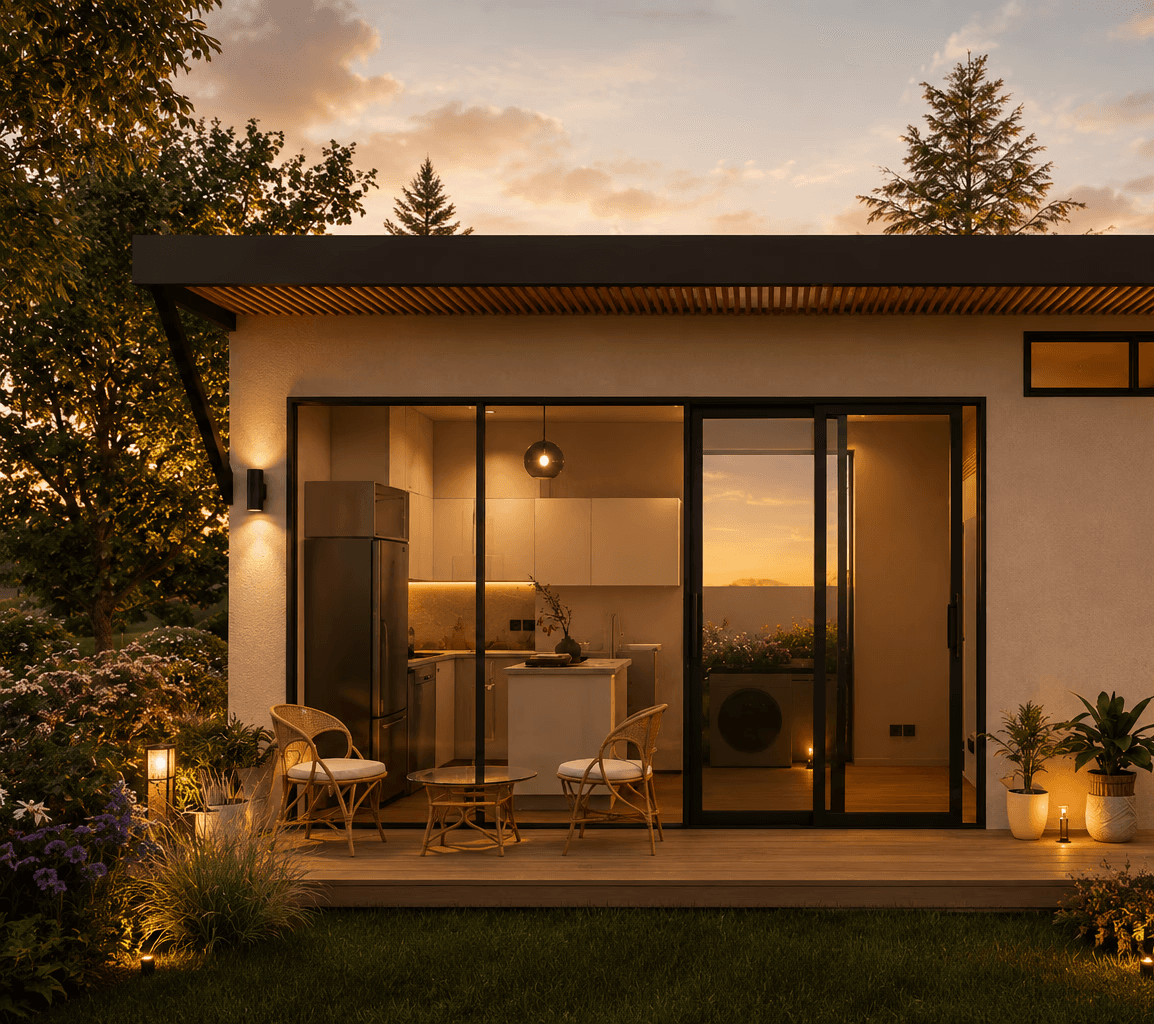 Modern backyard garden suite with warm lighting, minimalist architecture, large glass doors, and premium outdoor landscaping designed by UR-SPACE in Calgary.