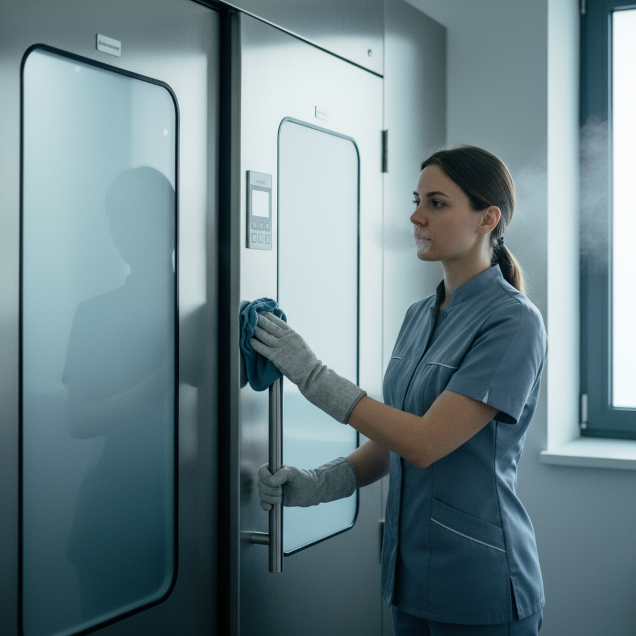 Ein Mitarbeiter wischt Kondenswasser von der Dichtung der Kammer, während der Nebel langsam abklingt. Die Flächen sind makellos sauber, kaltes Licht betont klare Kanten. Ein kurzer Blick auf die Kammer, dann ein routinierter Handgriff an der Tür. Der Wechsel zwischen Slots wirkt eingespielt.