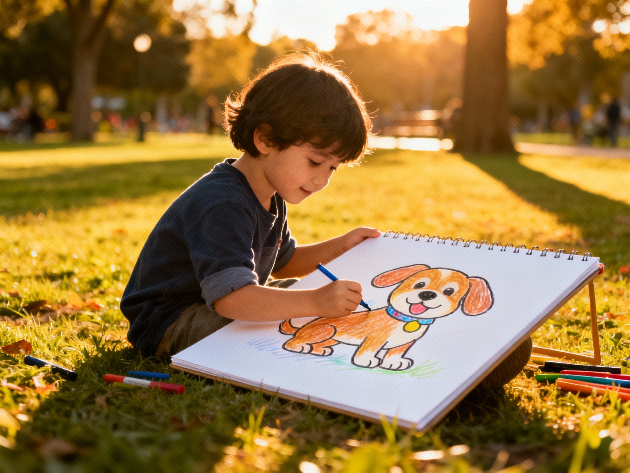 An editorial-style photo in a frame showing a young child drawing a cartoonish dog on a large
