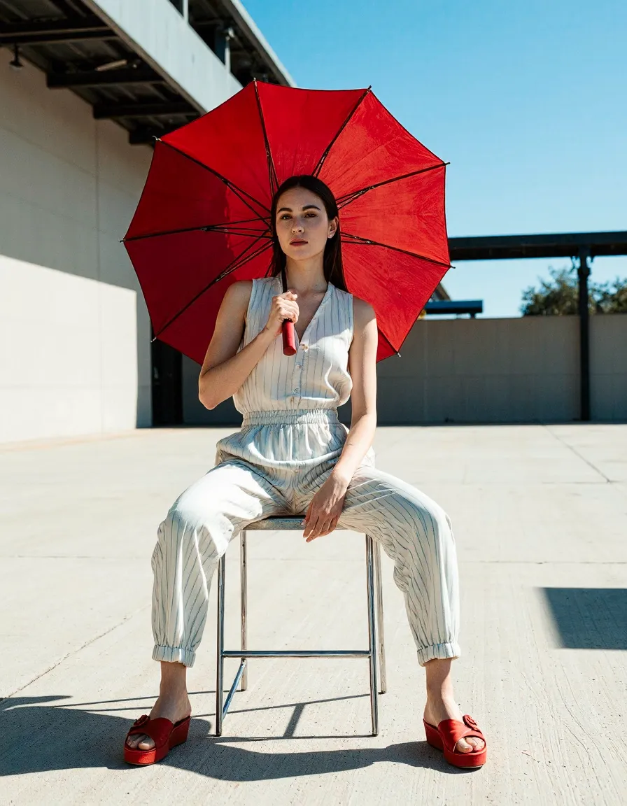 Woman in striped outfit sitting with red umbrella on modern rooftop terrace in natural sunlight
