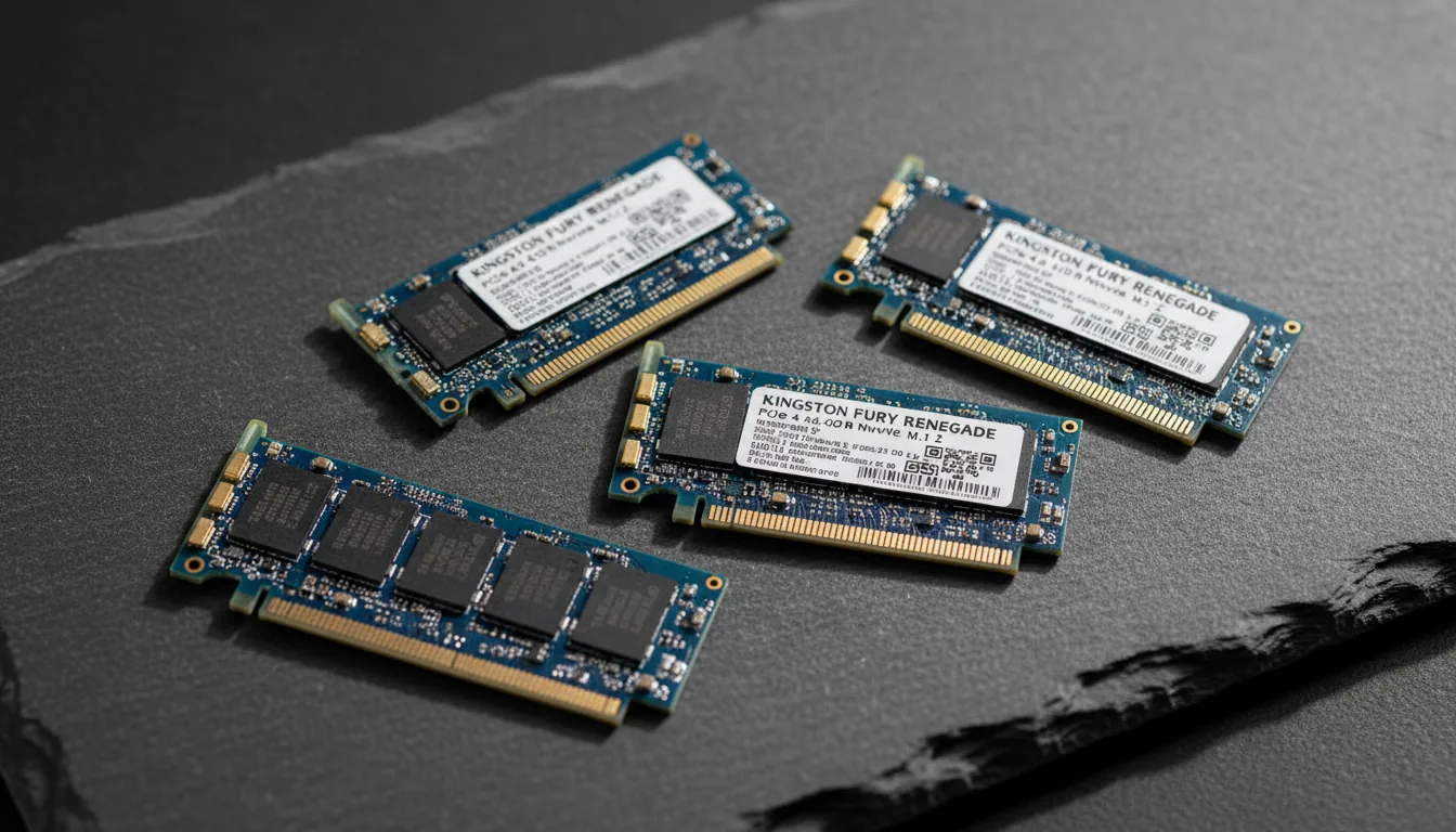 High-angle DSLR product photography of four different Kingston M.2 NVMe SSDs casually arranged on a dark, textured slate surface. Soft studio lighting highlights the intricate details of the blue PCBs, black memory chips, and gold-plated connectors. One drive features a prominent white sticker with technical labels. The shot has a shallow depth of field, with the central drives in sharp focus.