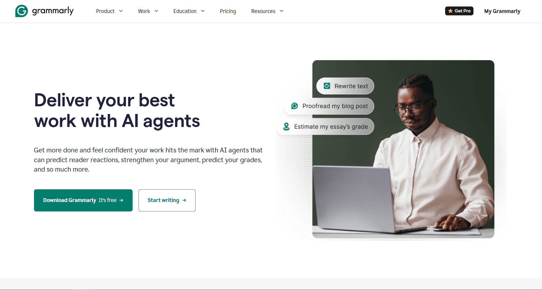 Grammarly homepage featuring the headline “Deliver your best work with AI agents,” action buttons, and a person working on a laptop with AI writing prompts displayed on screen.