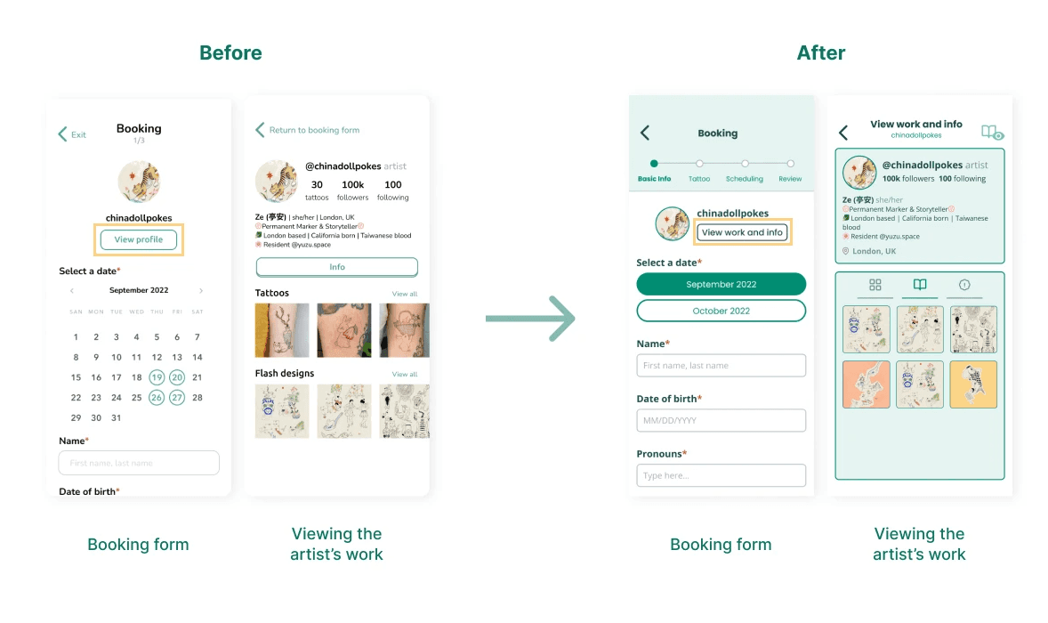 Before and after of the View Work button and gallery layout