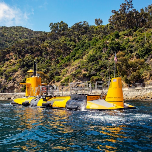 Bright yellow submarine titled "Nautilus" floating near a rocky, tree-covered coast under a blue sky.