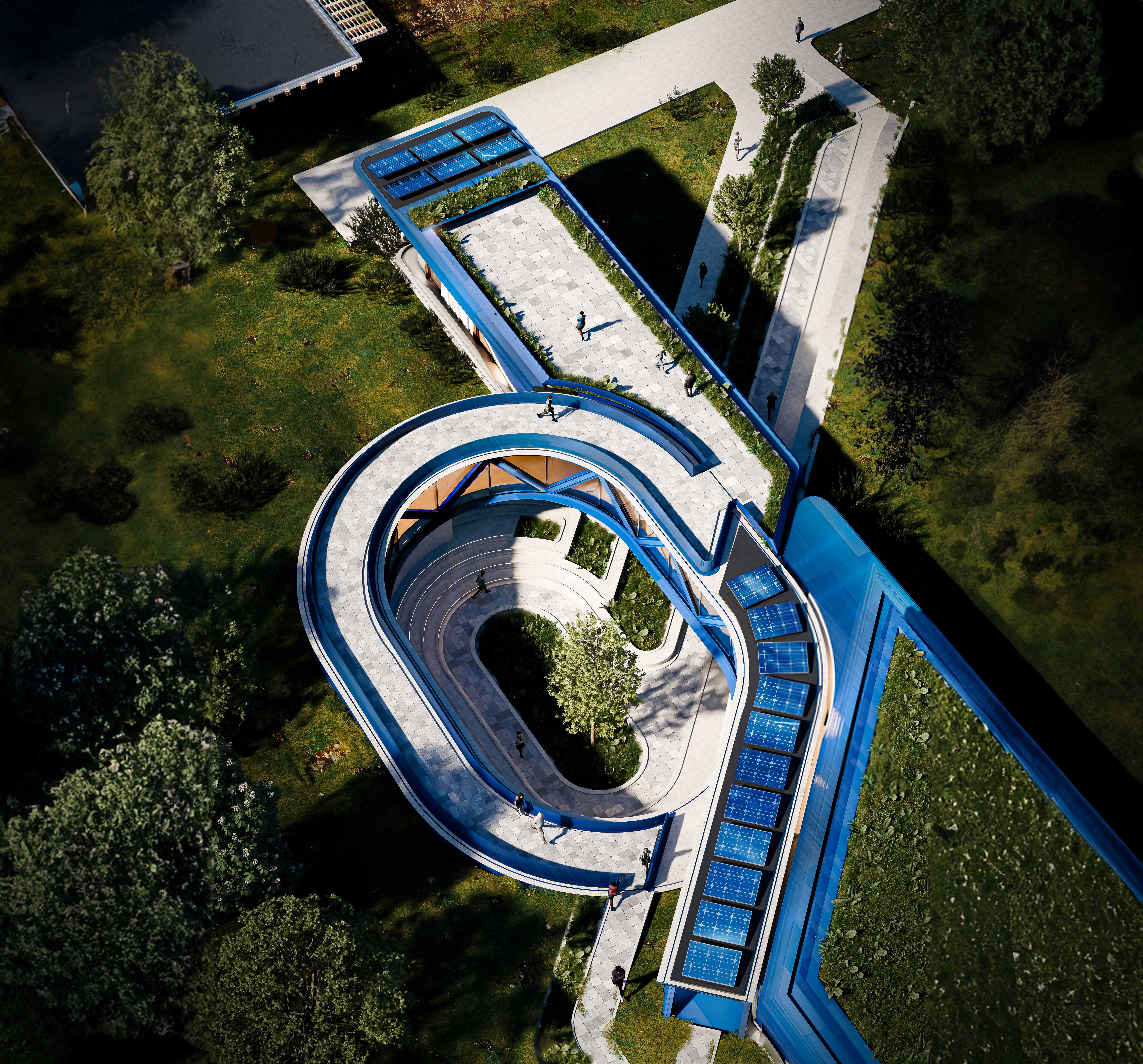 Aerial render above an interwoven courtyard.