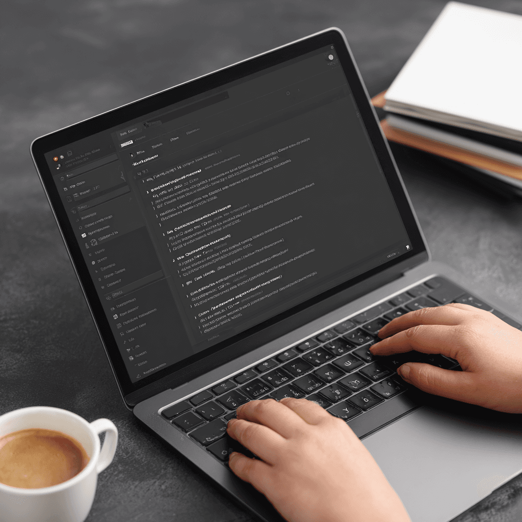 Professional typing on laptop with ChatGPT interface displaying custom instructions and prompts in dark mode
