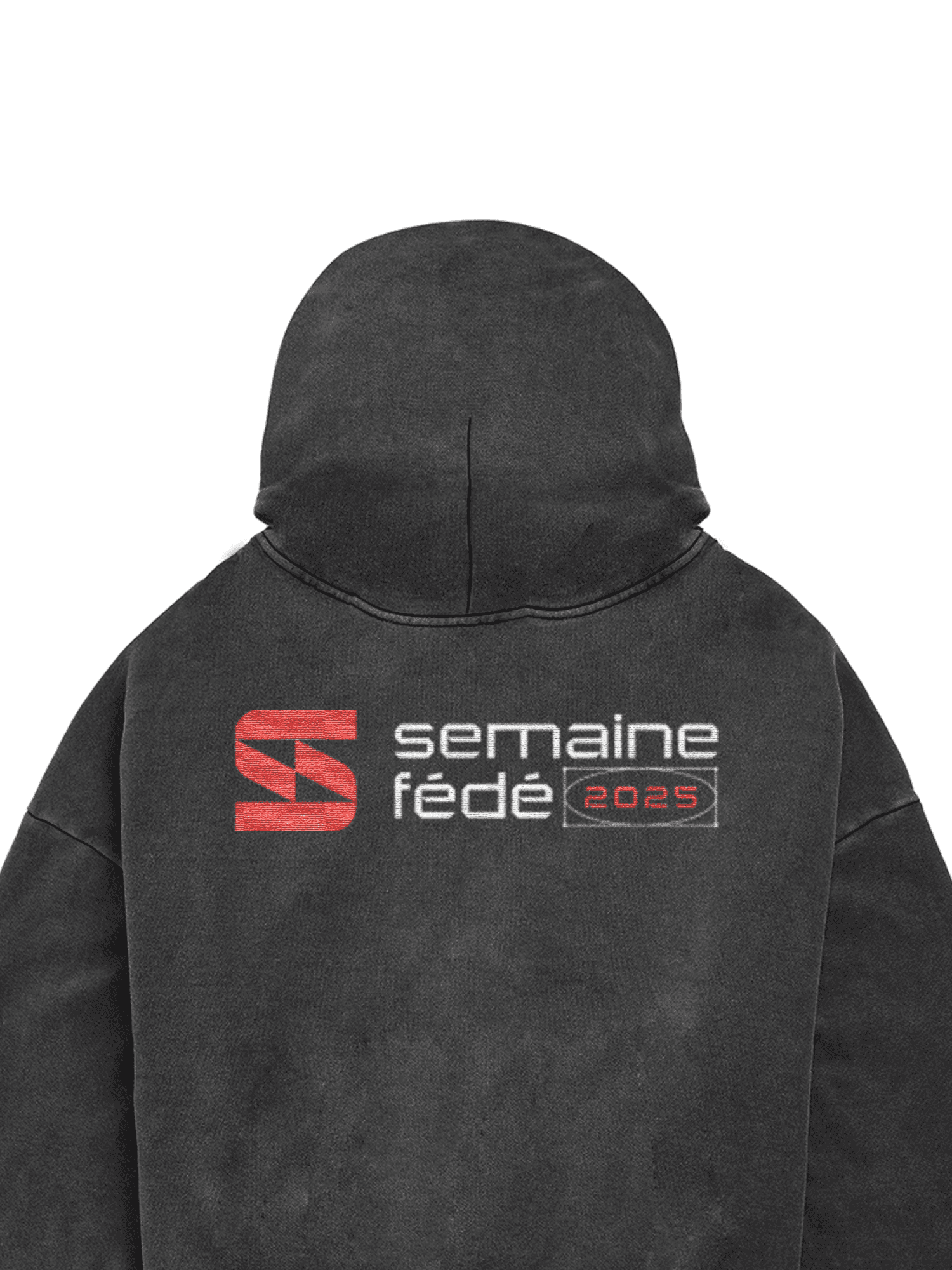 A hoodie mockup featuring the Semaine Fédé 2025 logo embroidered on the back, with the red “S” symbol and clean white typography standing out on the dark fabric.