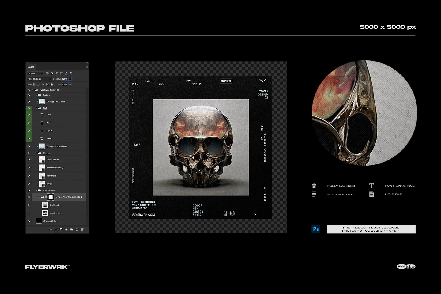 Detailed Photoshop layer panel for a cover design template featuring a metallic chrome skull