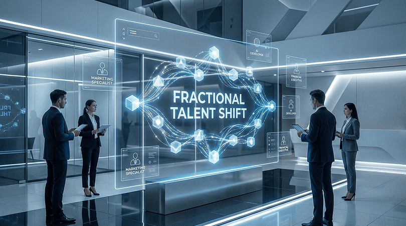 Executive in futuristic conference room.