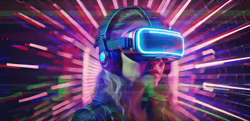Person using VR headset for compliance training with vibrant digital effects.