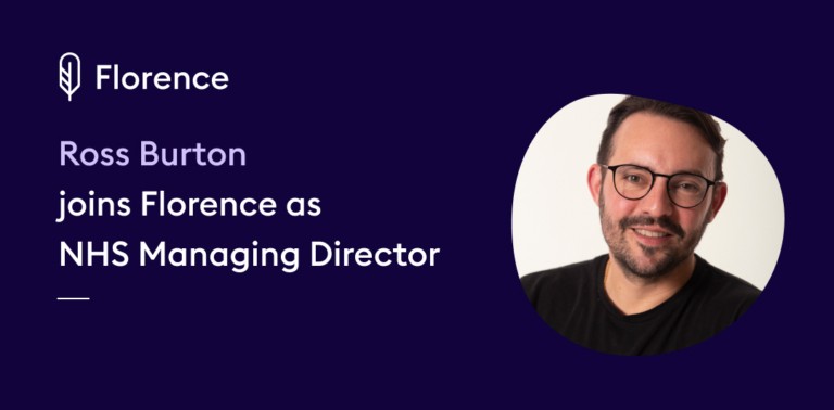 Ross Burton, Florence's NHS Managing Director, in a headshot on a dark navy background with the Florence logo and his name and title