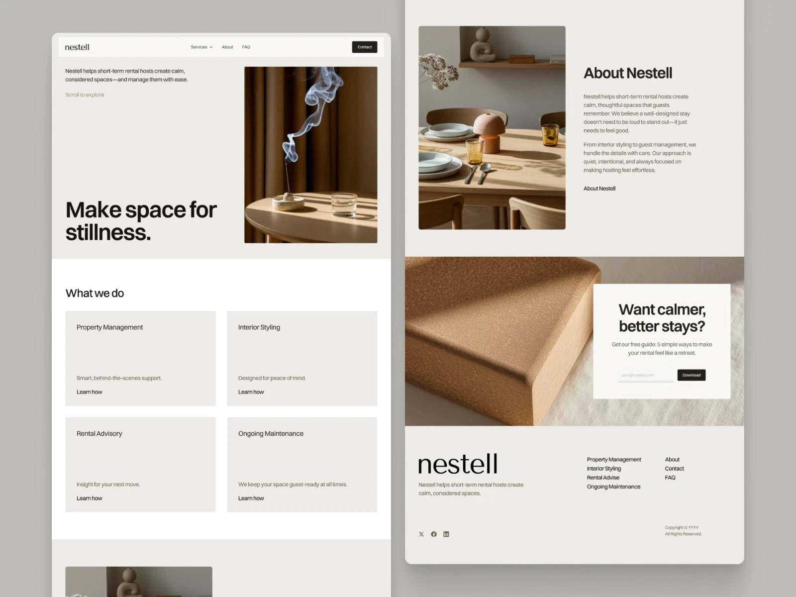 Nestell property listing template with calm minimal design, service cards, about section, and earthy-toned interior imagery.