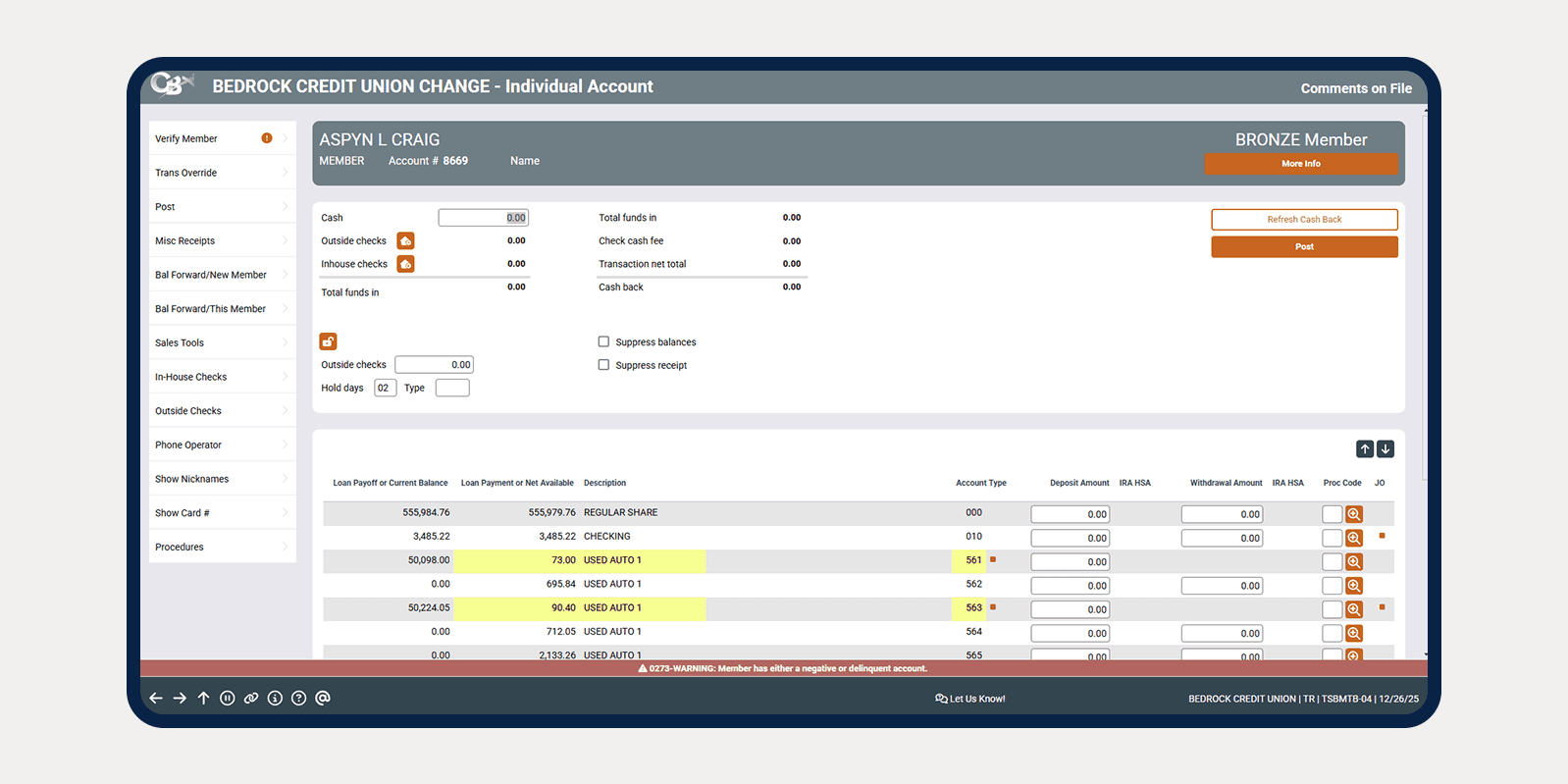 CU*NorthWest CBX member service and teller core banking software dashboard screenshot