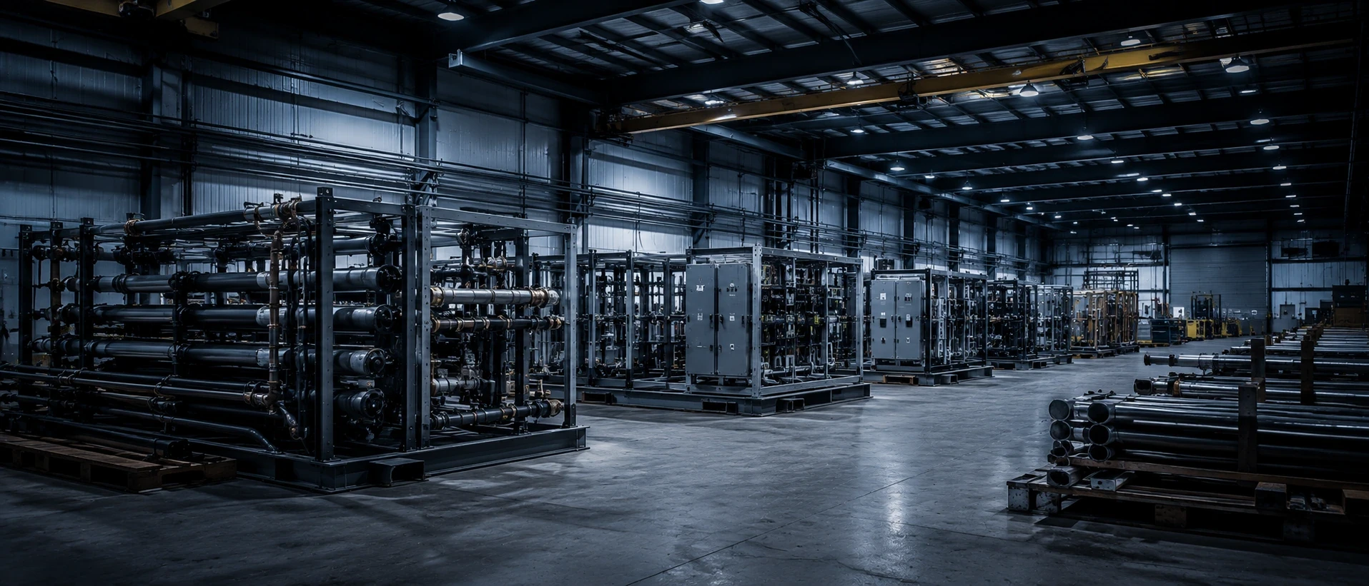 Prefabrication shop with multi-trade pipe racks staged for shipment