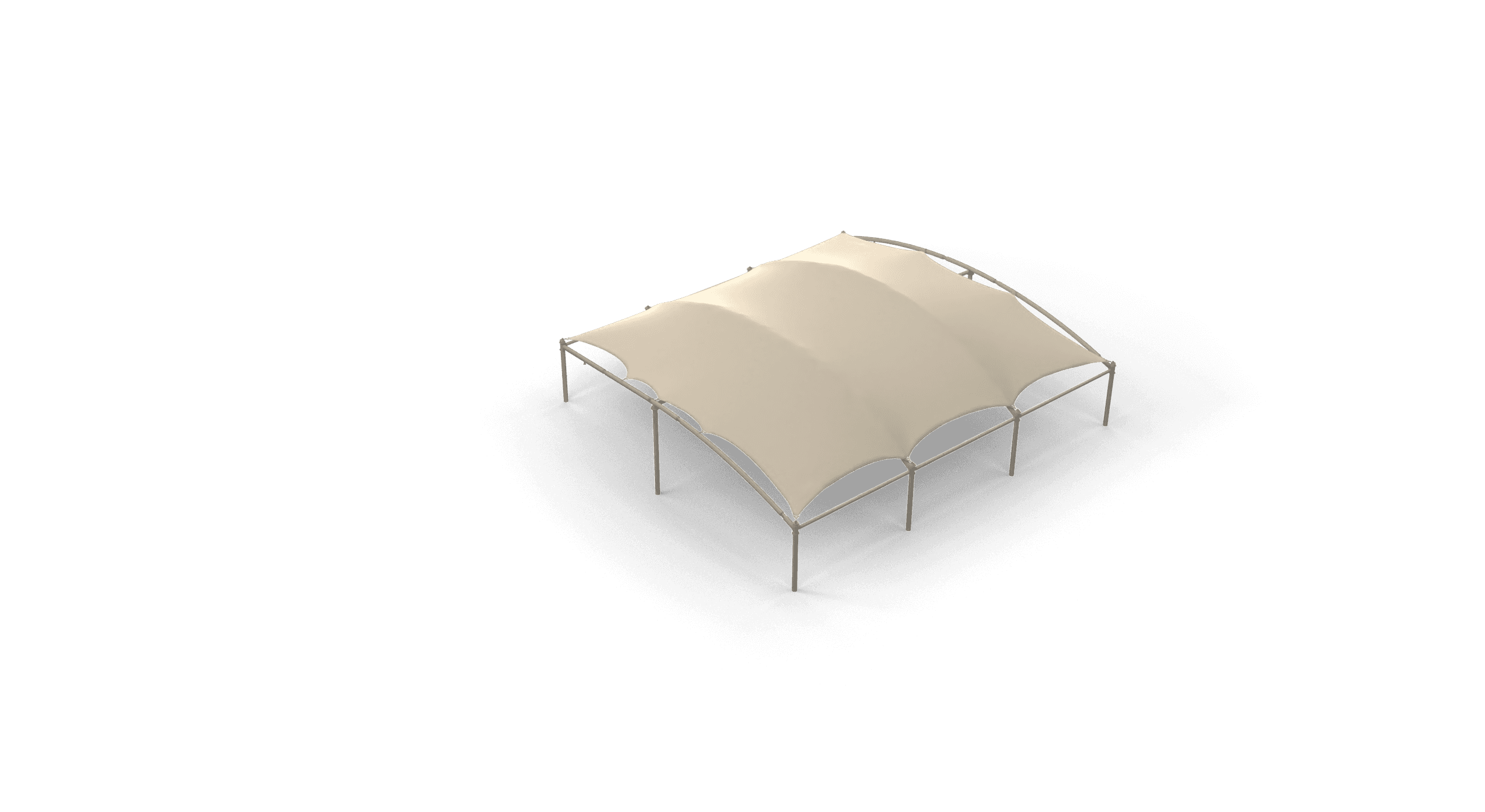 Isometric view: Roof construction on a frame with four curved, beige fabric panels.