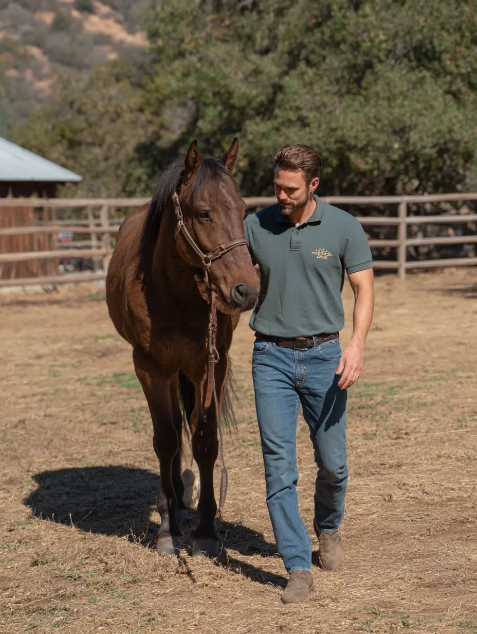 woman in red and white checkered dress shirt standing beside brown horse during daytime
