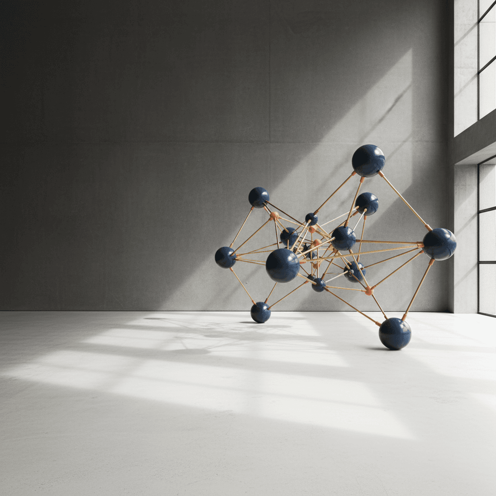 A minimalist, large-scale kinetic sculpture in a well-lit, concrete gallery space. The sculpture consists of interconnected polished metal nodes and thin rods in Agintex brand colors #1F3B5B and #E76F51, suggesting a complex network. The lighting is natural and casts soft shadows on the pale concrete floor (#F5F2EC). The upper-left third of the frame is clear, showing a neutral concrete wall (#20242B), perfect for text overlay. Aspect ratio 16:9. Photorealistic, editorial style. No text, no logos, no watermarks.